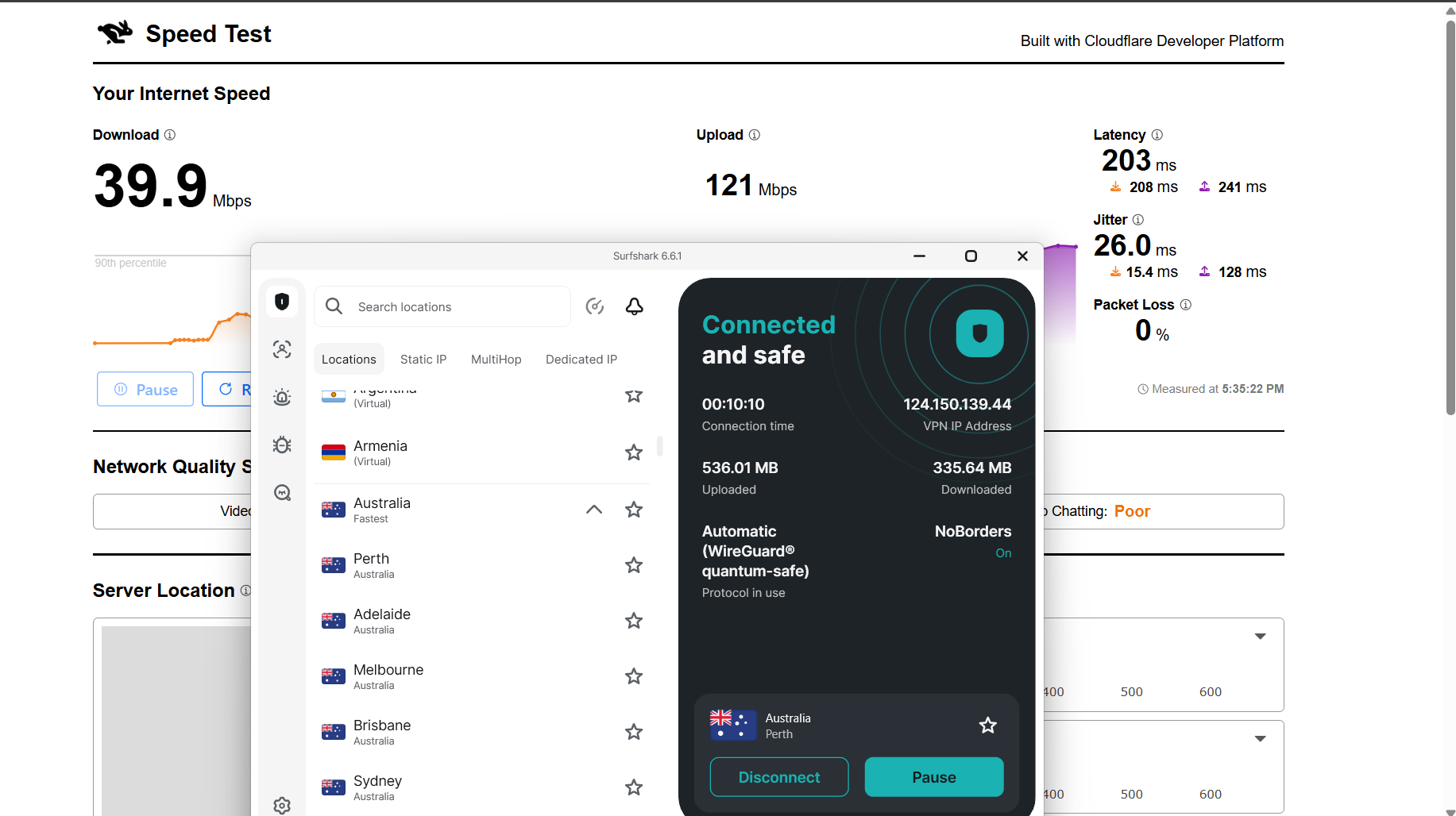 Surfshark VPN speed test results on Windows connected to Perth server over WiFi showing download, upload, latency, and jitter performance
