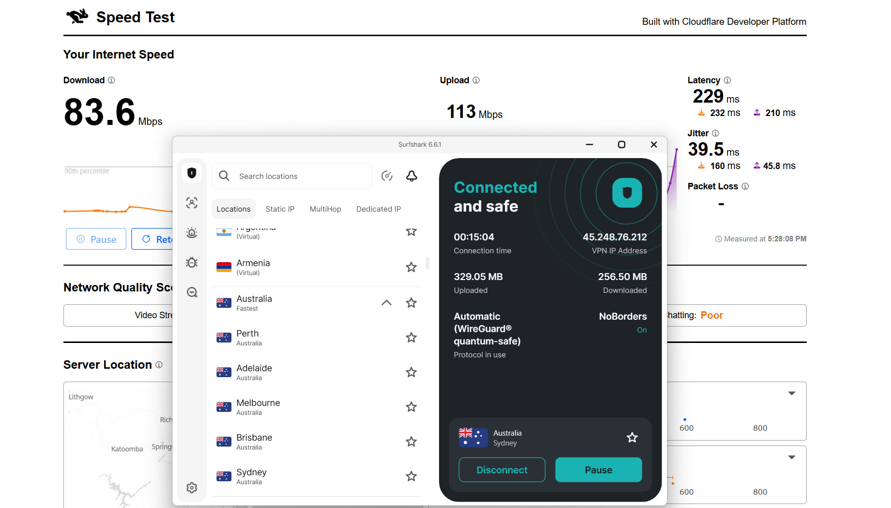 Surfshark VPN speed test results on Windows connected to Sydney server over WiFi showing download, upload, latency, and jitter performance
