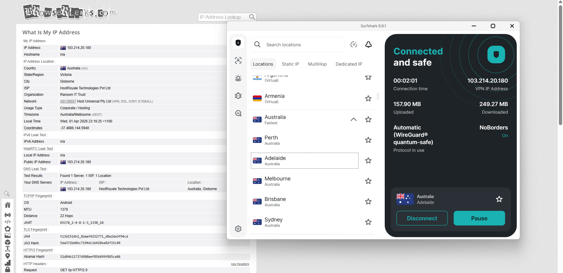 Surfshark VPN IP, DNS, and WebRTC leak test results on Windows connected to Adelaide server over WiFi showing no leaks detected