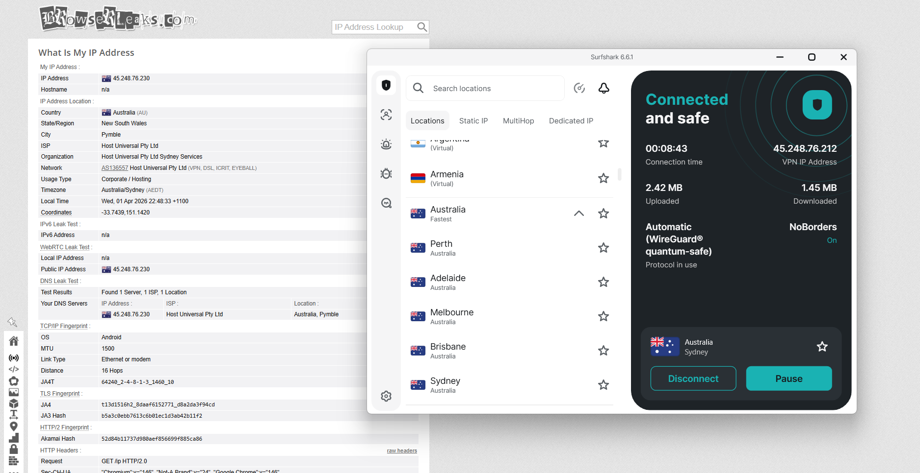 Surfshark VPN IP, DNS, and WebRTC leak test results on Windows connected to Sydney server over WiFi showing no leaks detected