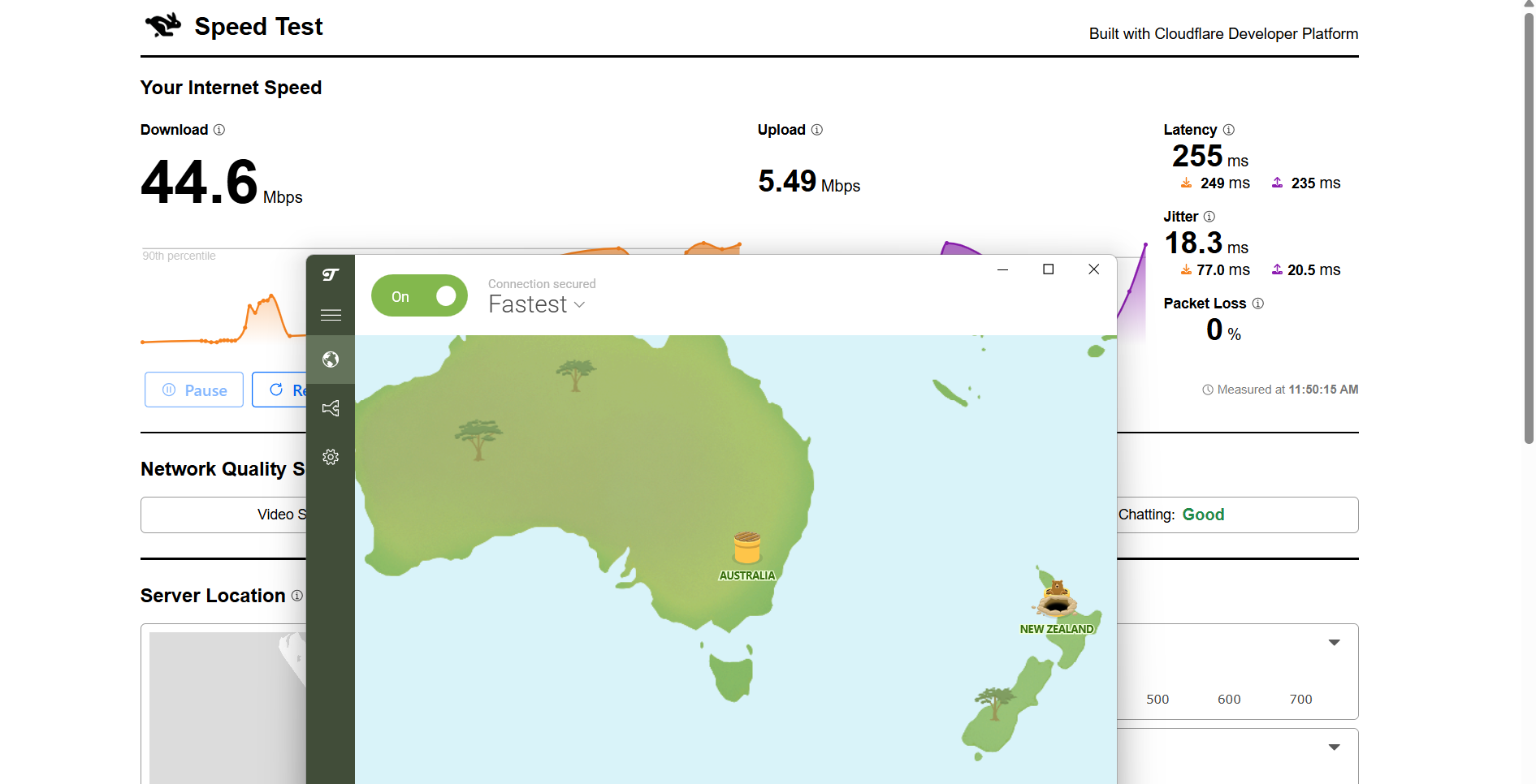 Image showing TunnelBear VPN free version on Windows connected to a US server with a speed test interface displaying download and upload performance over Wi-Fi