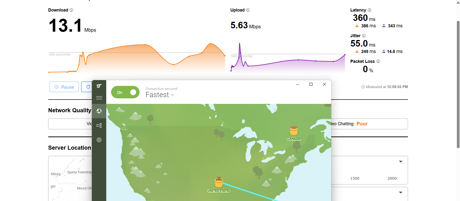 Image showing TunnelBear VPN free version on Windows connected to a US server with a speed test interface displaying download and upload performance over Wi-Fi