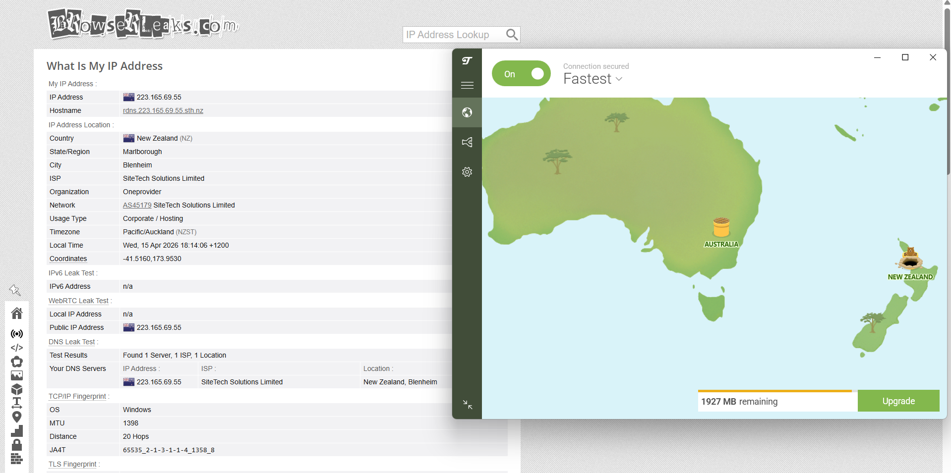 TunnelBear VPN Free Version IP, DNS, and WebRTC leak test results on Windows connected to New Zealand server over WiFi showing no leaks detected