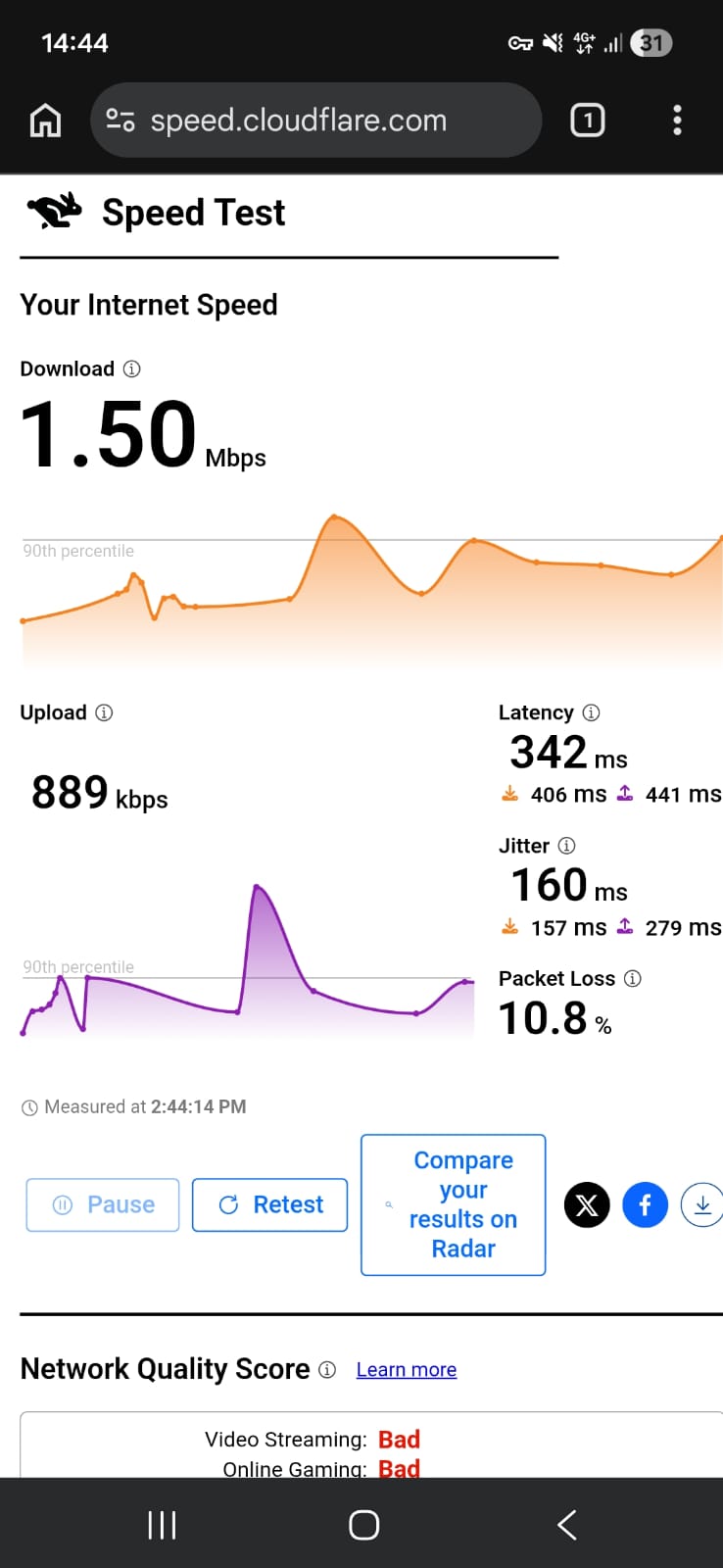 Windscribe VPN free version speed test results on Android connected to Romania server over Mobile data showing download, upload, latency, and jitter performance (tested April 2026)