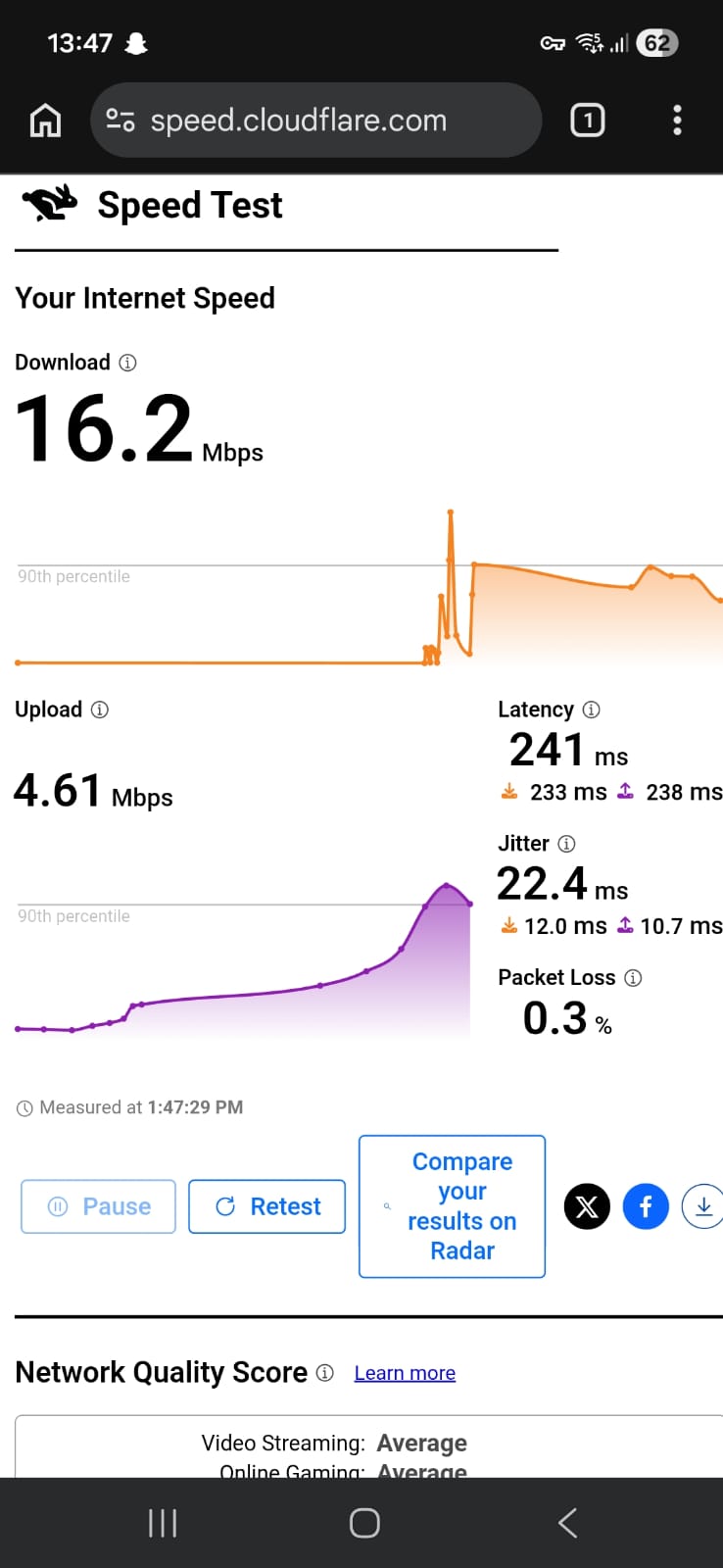 Windscribe VPN free version speed test results on Android connected to Romania server over WiFi showing download, upload, latency, and jitter performance (tested April 2026)