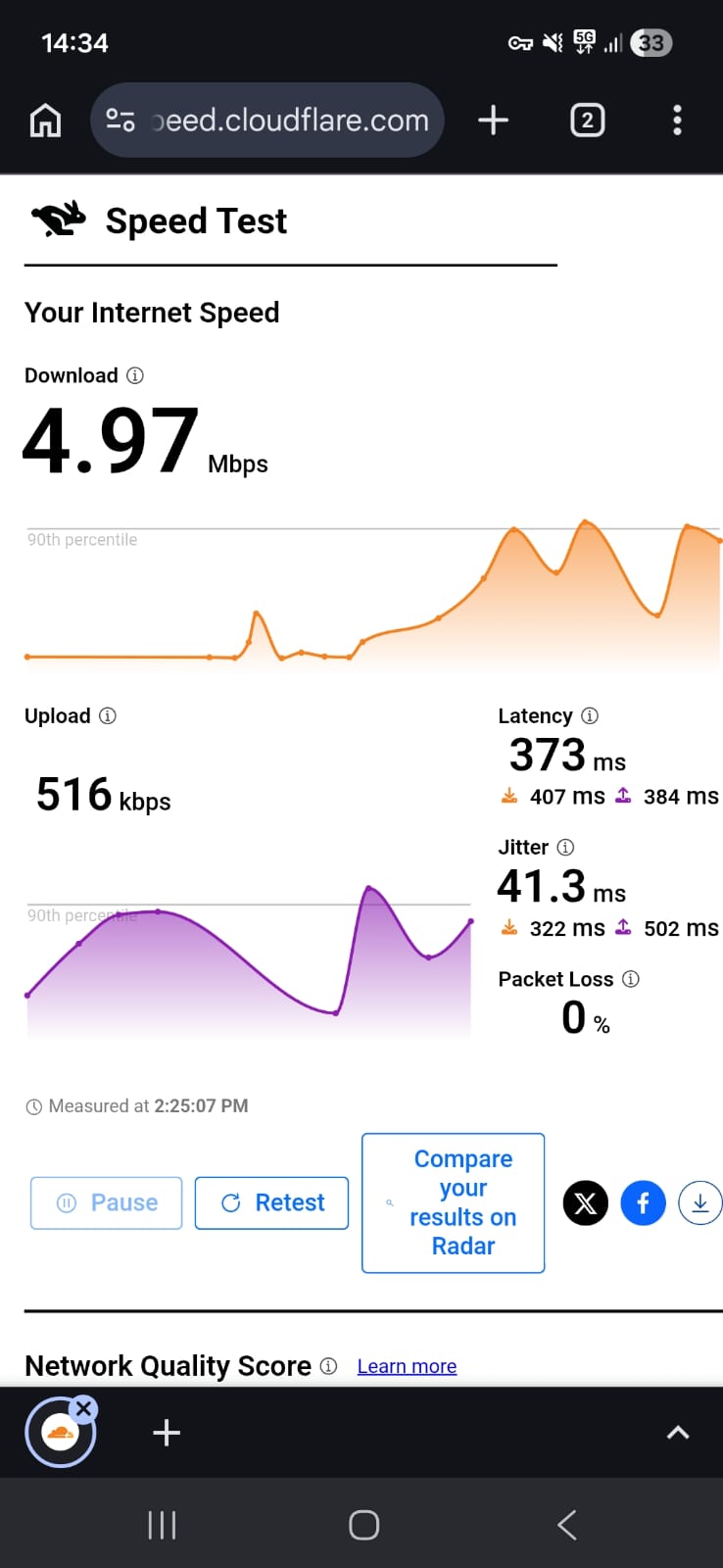 Windscribe VPN free version speed test results on Android connected to US server over mobile data showing download, upload, latency, and jitter performance (tested April 2026)