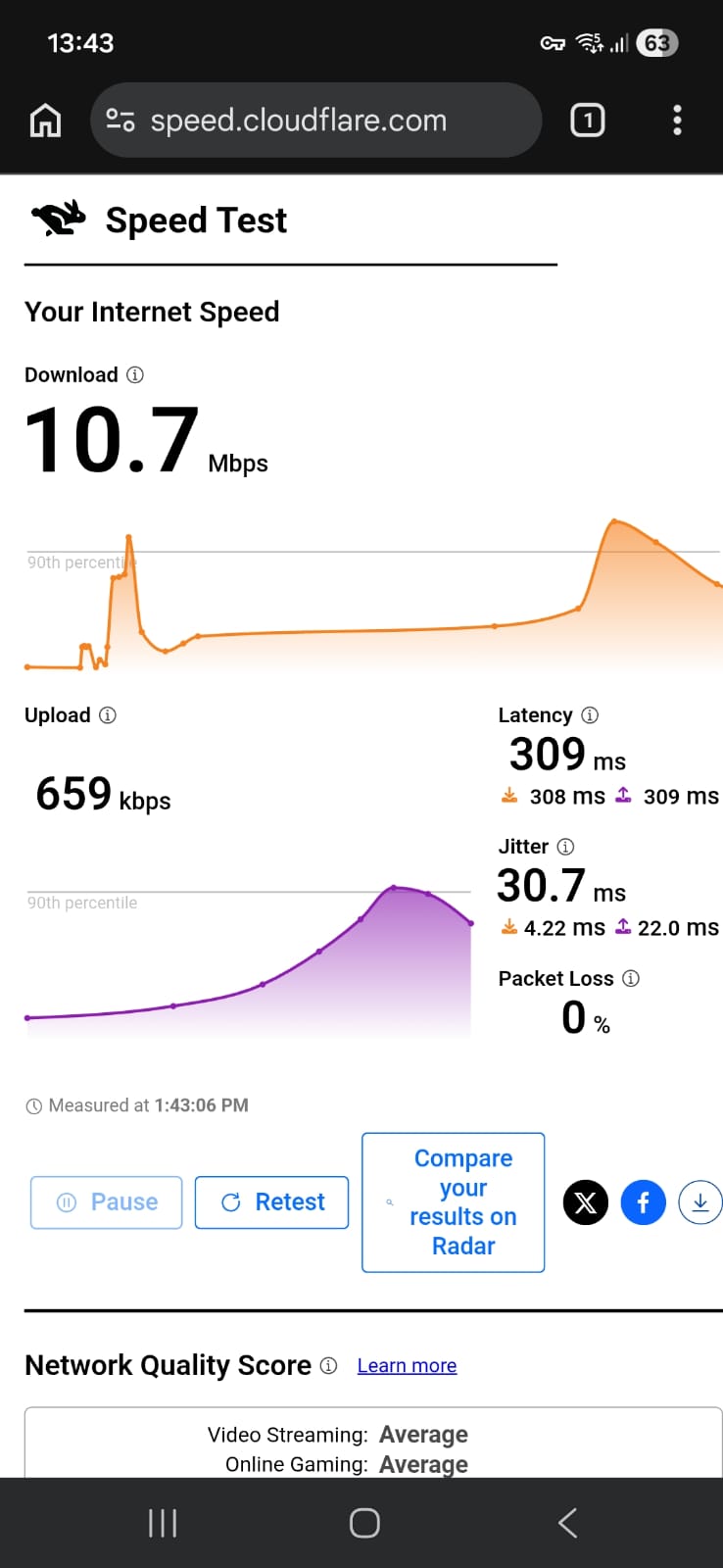 Windscribe VPN free version speed test results on Android connected to US server over WiFi showing download, upload, latency, and jitter performance (tested April 2026)