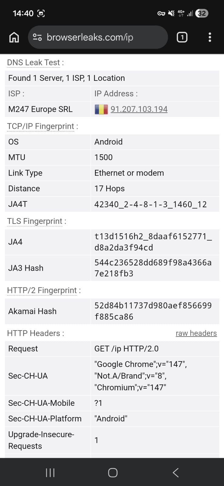 Leak test results (DNS) for Windscribe VPN Free Android using a Romania server on Wi-Fi (April 2026) - No Leak Detected