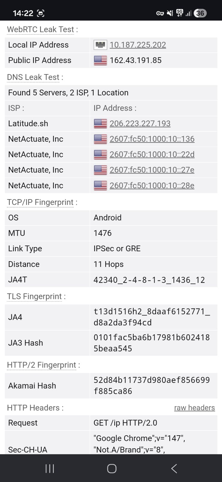 Leak test results (DNS) for Windscribe VPN Free Android using a US server on Wi-Fi (April 2026) - No Leak Detected