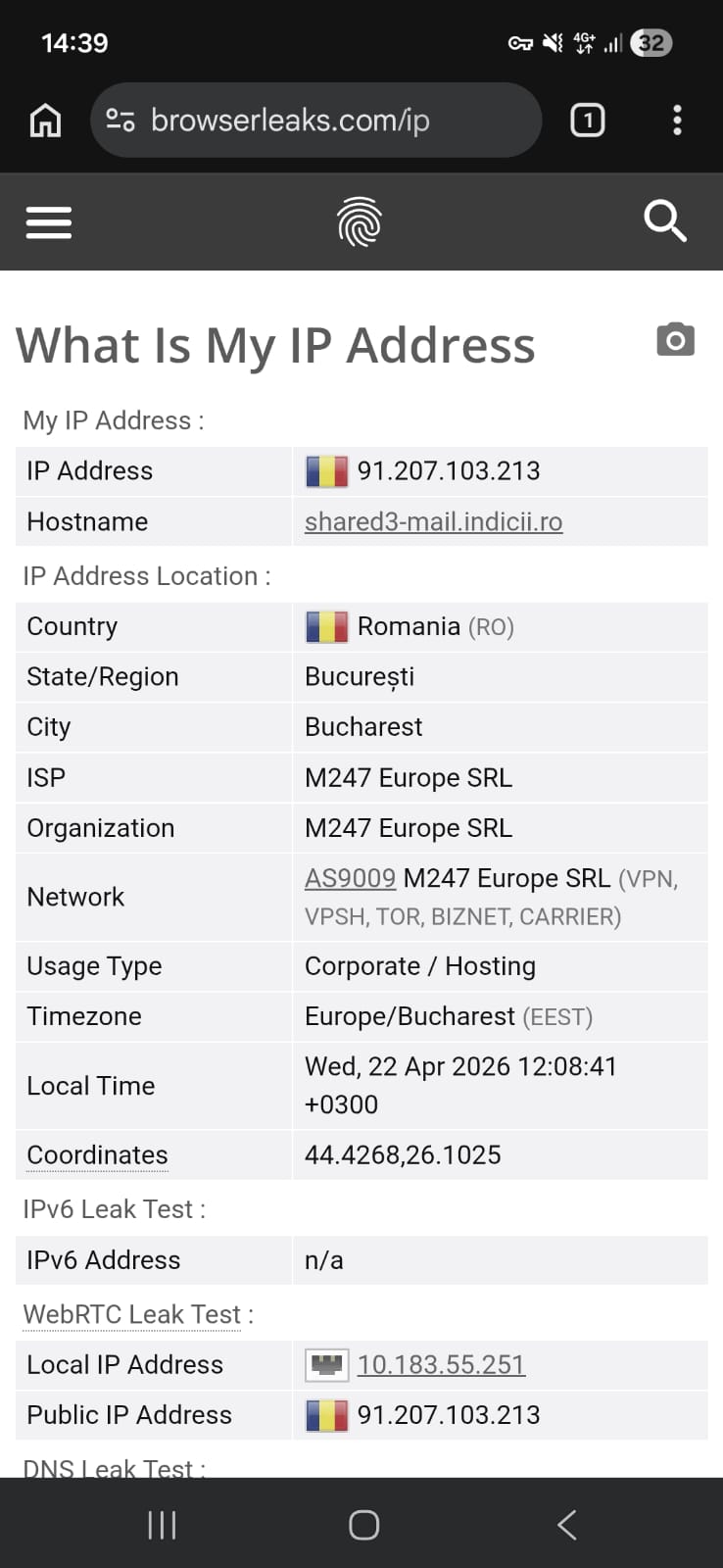 Leak test results (IP and WebRTC) for Windscribe VPN Free Android using a Romania server on Wi-Fi (April 2026) - No Leak Detected