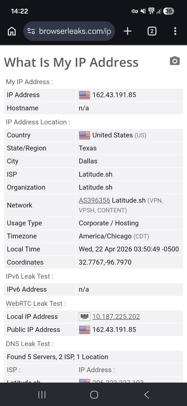 Leak test results (IP and WebRTC) for Windscribe VPN Free Android using a US server on Wi-Fi (April 2026) - No Leak Detected