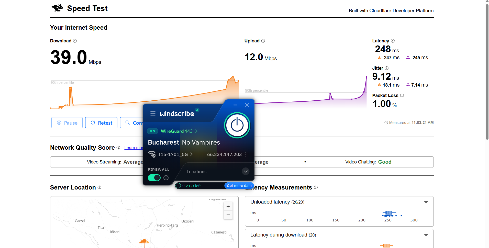 Image showing Windscribe VPN free version on Windows connected to a Romania server with a speed test interface displaying download and upload performance over Wi-Fi