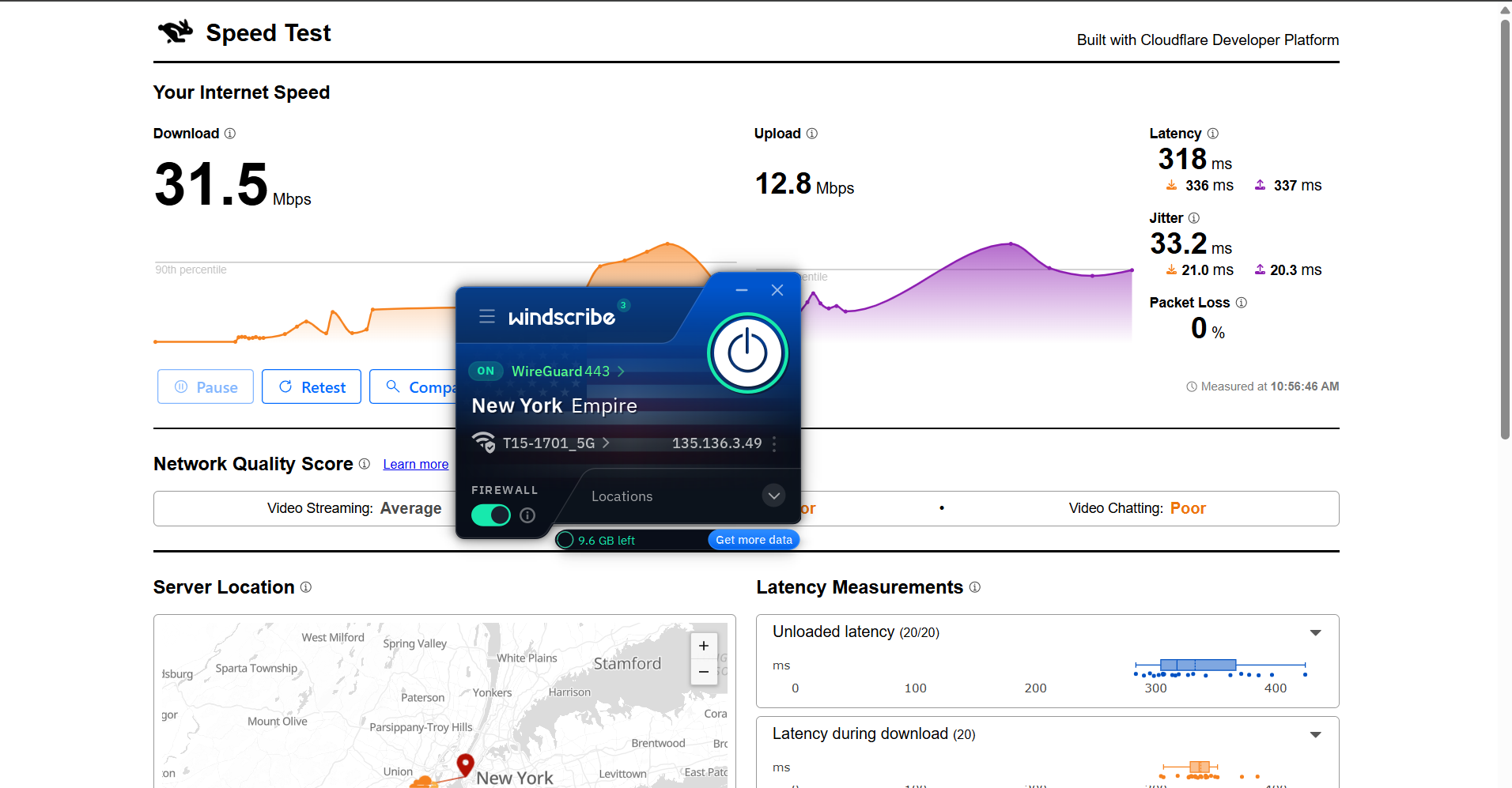 Image showing Windscribe VPN free version on Windows connected to a US server with a speed test interface displaying download and upload performance over Wi-Fi