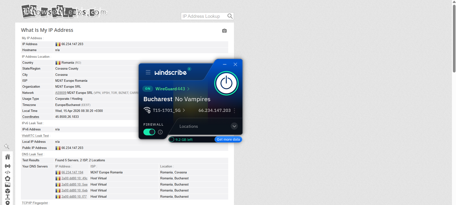 Windscribe VPN Free Version IP, DNS, and WebRTC leak test results on Windows connected to Romanian server over WiFi showing no leaks detected
