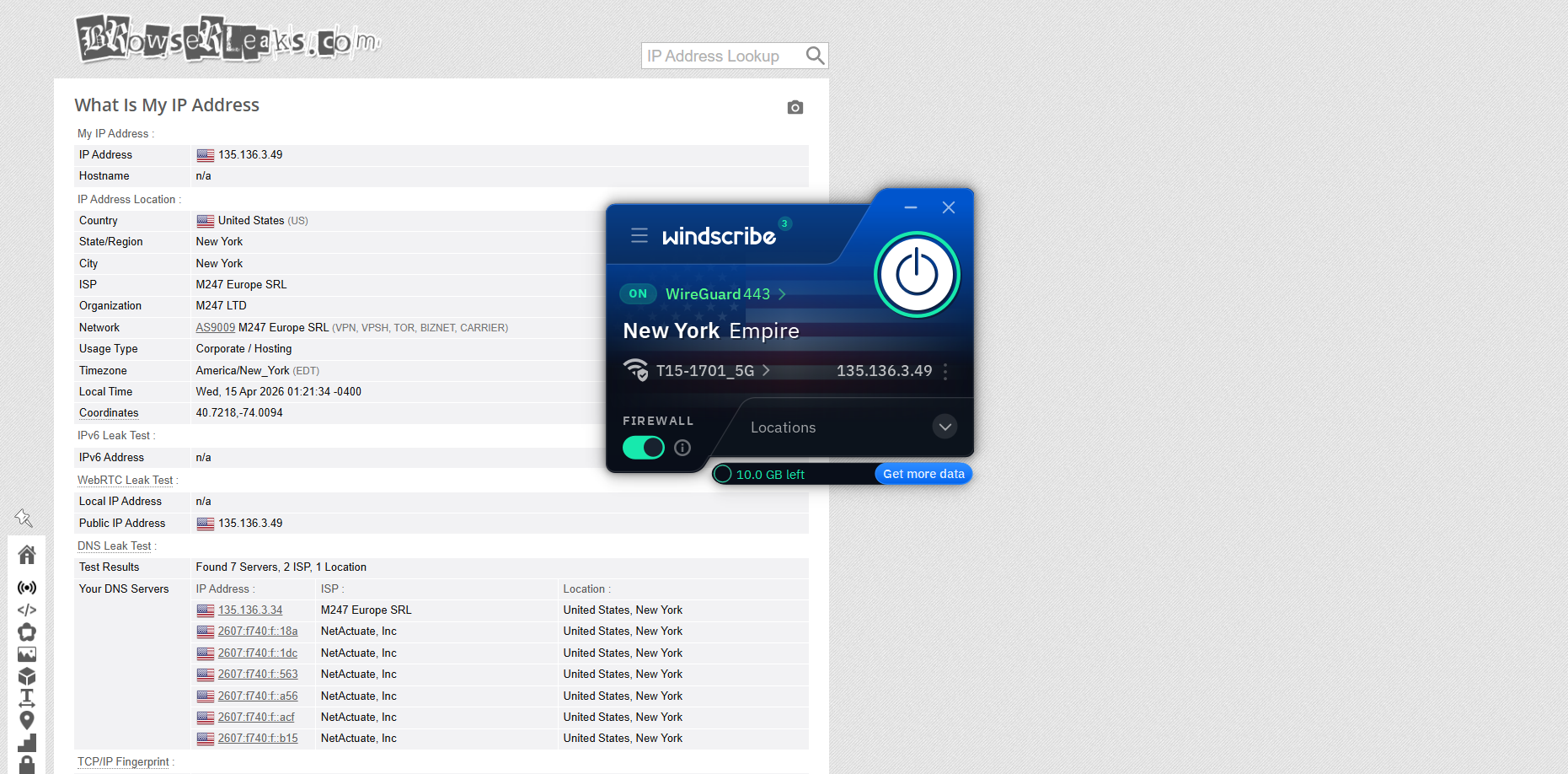 Windscribe VPN Free Version IP, DNS, and WebRTC leak test results on Windows connected to US server over WiFi showing no leaks detected