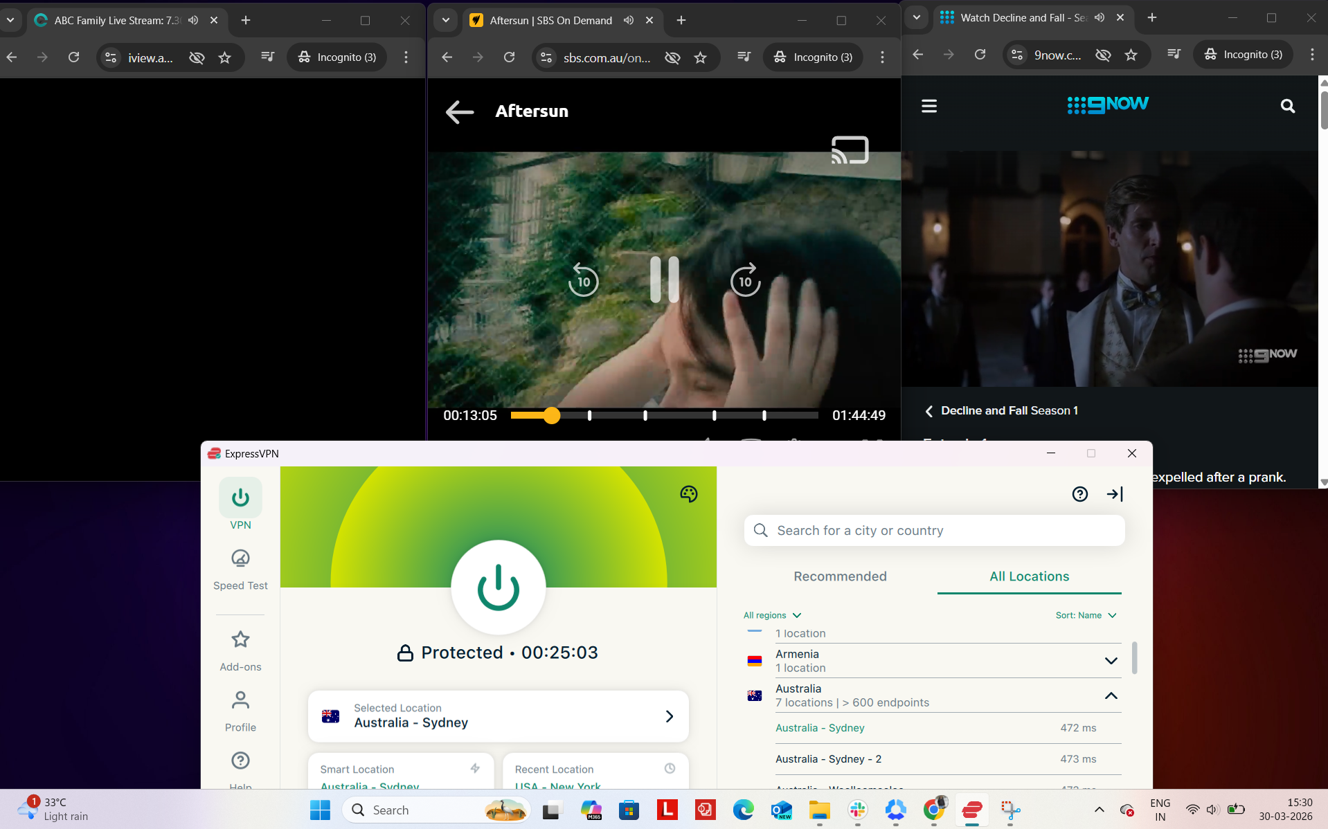 ExpressVPN connected on Windows to Sydney server while accessing ABC iView, 9Now, and SBS simultaneously in a browser