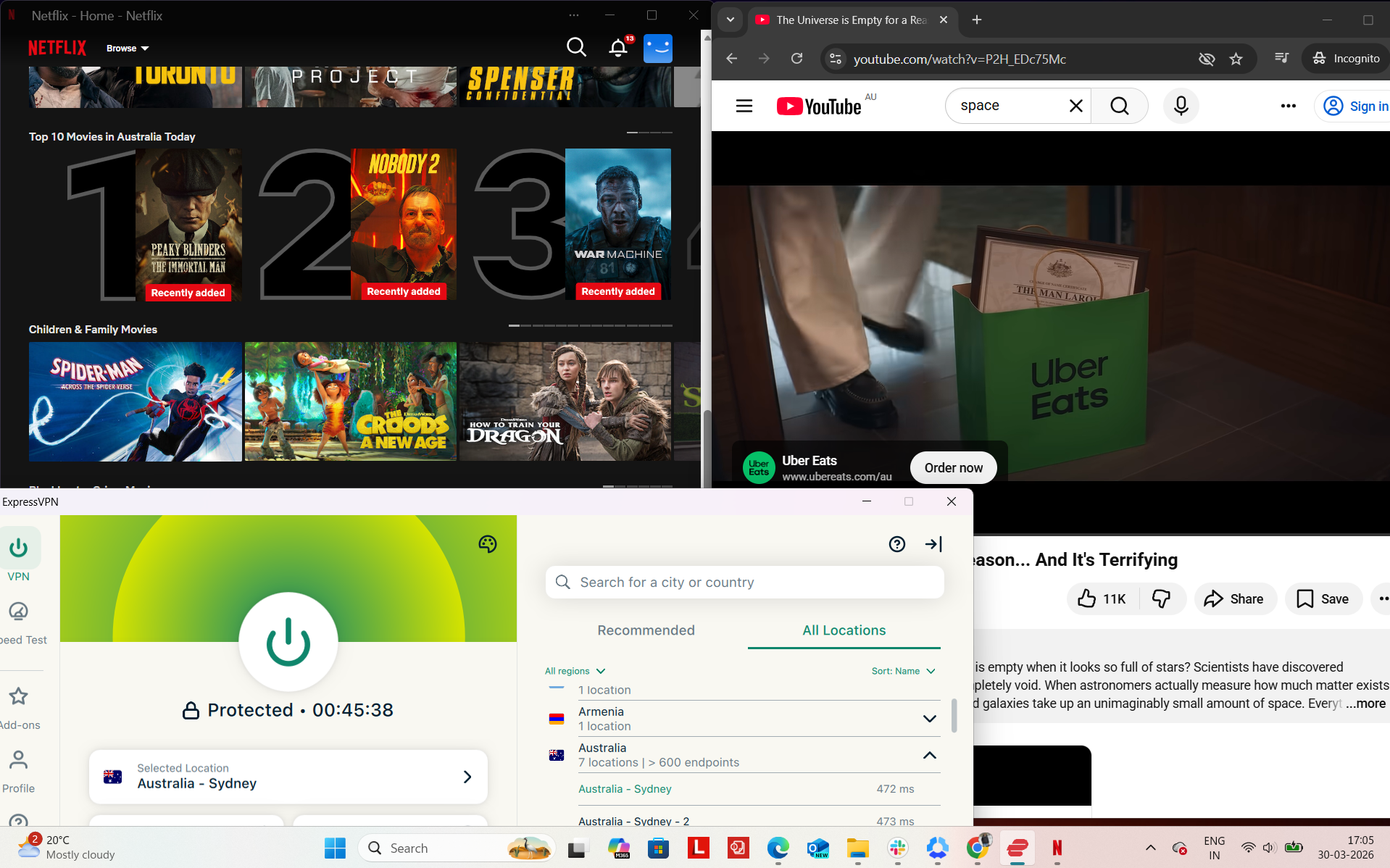 ExpressVPN connected on Windows to Sydney server while accessing Netflix AU and YouTube simultaneously in a browser