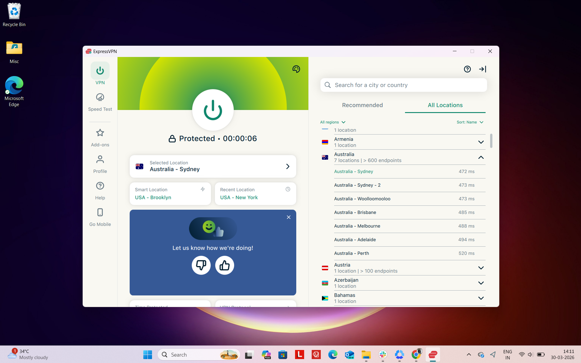 ExpressVPN Windows app interface showing server selection with Sydney location and list of available Australian servers