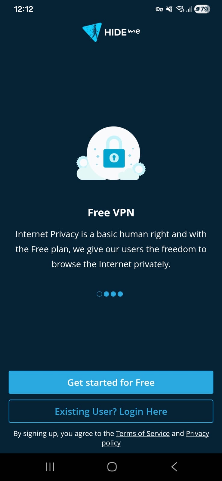 Hide.me VPN welcome screen promoting free plan with illustration of a padlock and options to sign up or log in