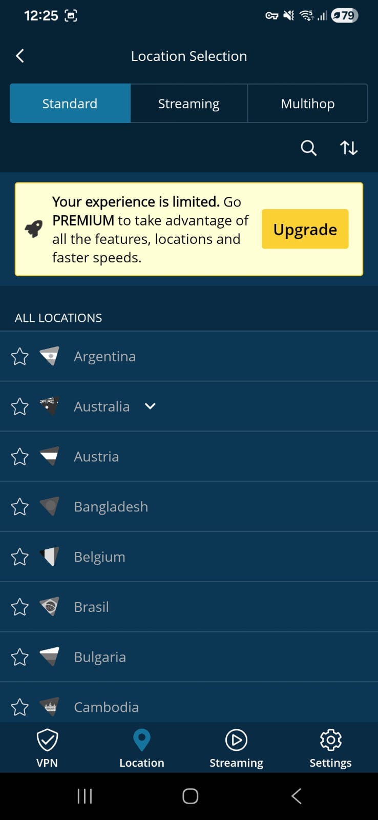 Hide.me VPN location selection page with tabs for Standard, Streaming, and Multihop servers, showing countries like Argentina, Australia, and Austria (all locked)