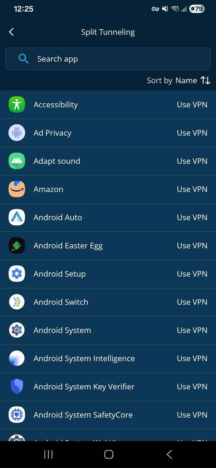 Hide.me VPN split tunneling settings with search and sorting options, listing apps like Amazon and Android System with “Use VPN” labels
