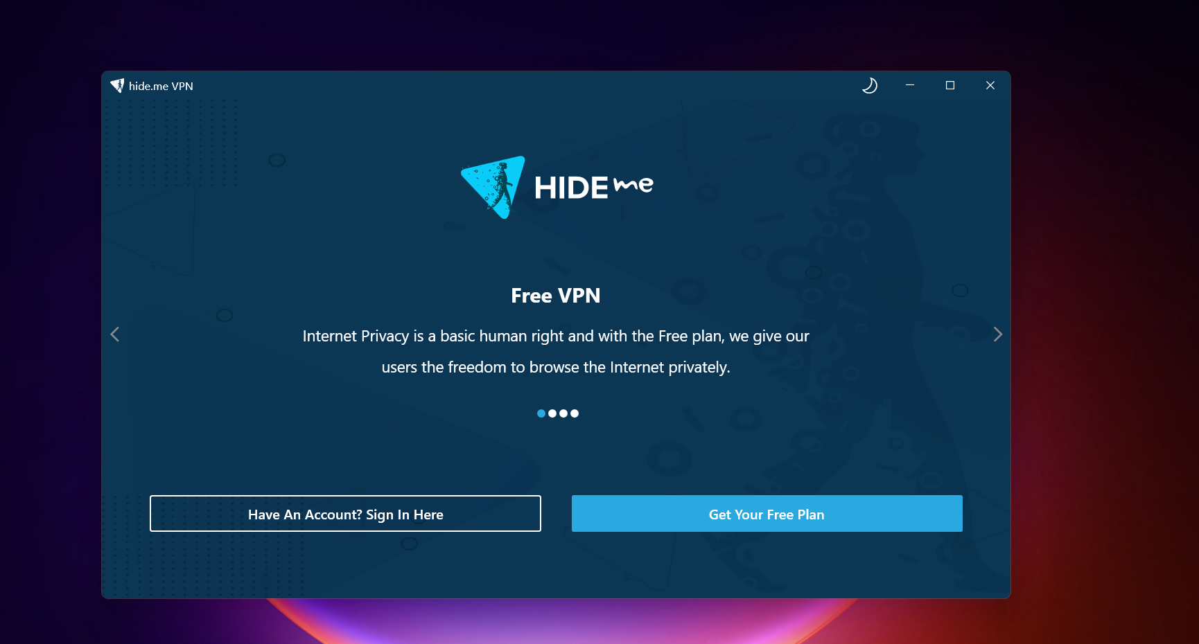 Screenshot of Hide.me VPN free version Windows promotional interface with logo, text highlighting free VPN and internet privacy rights, and buttons for signing in or getting the free plan