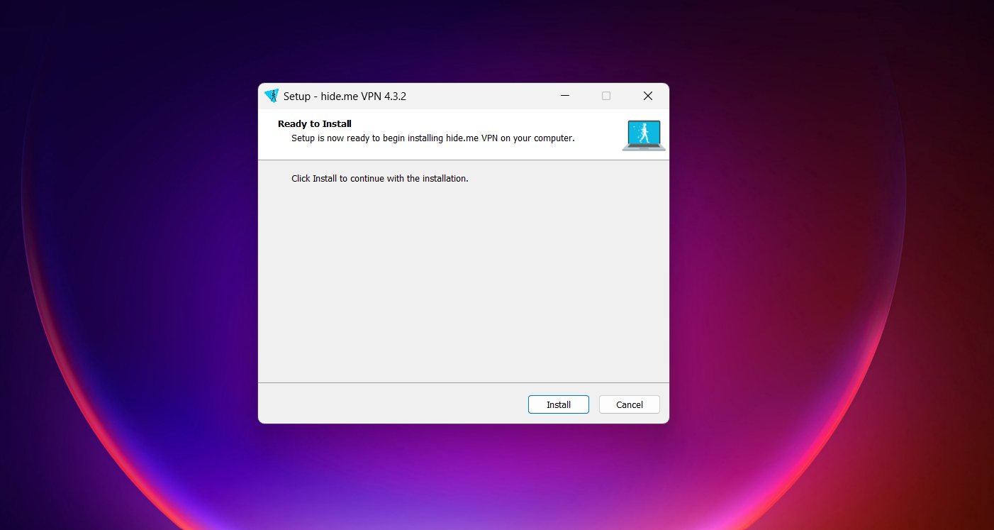Screenshot of Hide.me VPN free version installation window titled “Setup – hide.me VPN 4.3.2,” showing ready to install message with Install and Cancel buttons