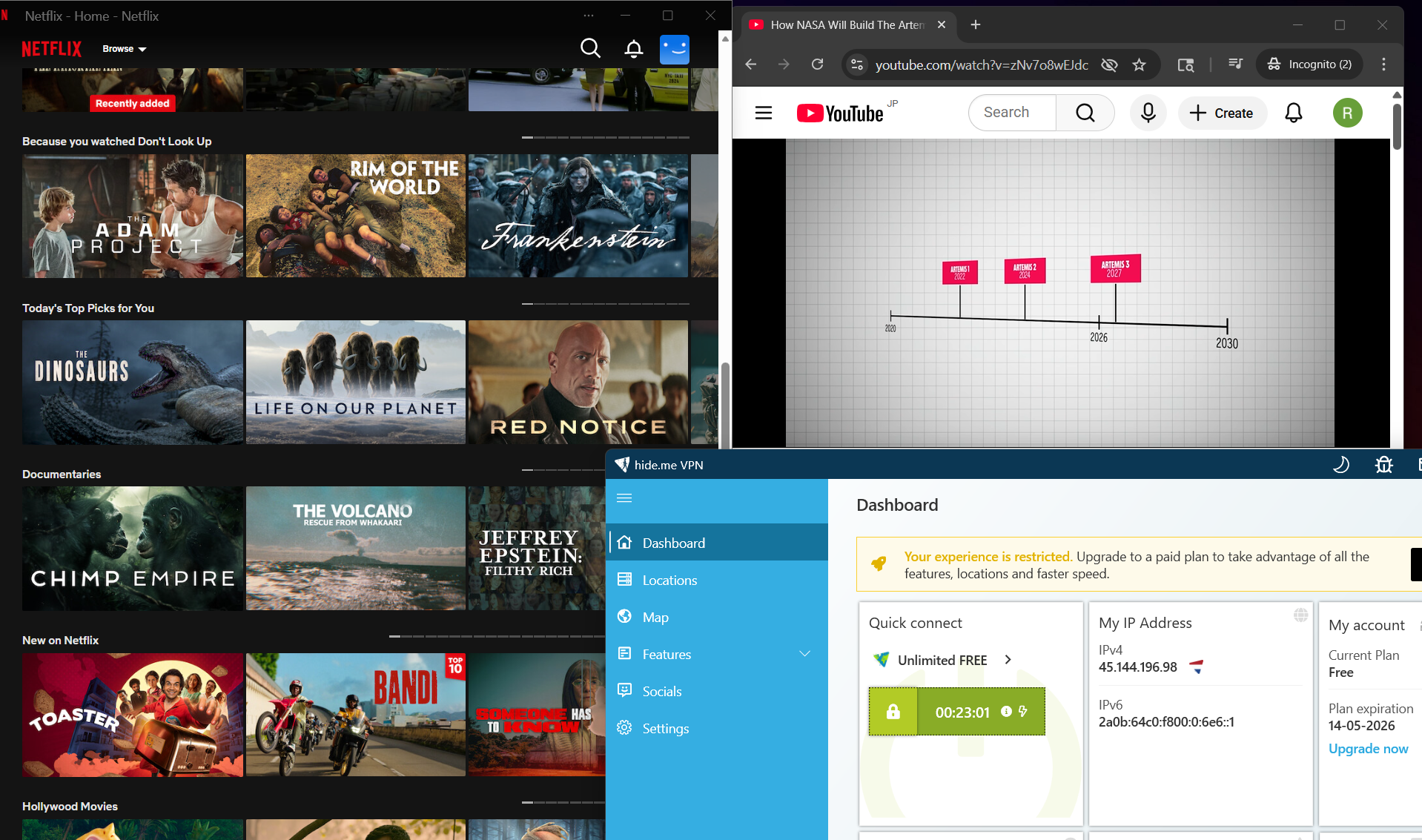 Screenshot of Hide.Me VPN free Windows app connected to a Netherlands server, highlighting stable streaming performance for Netflix and YouTube