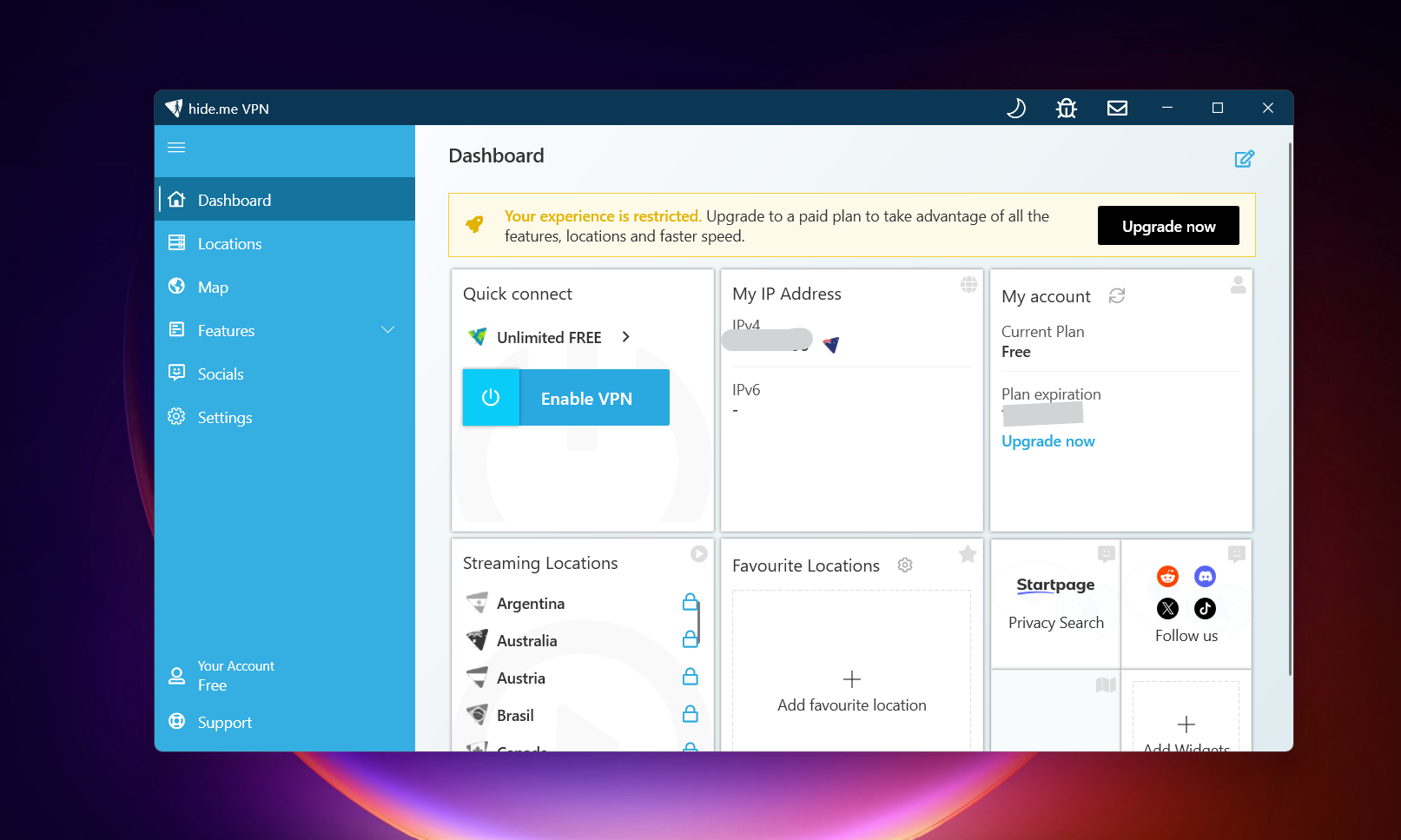 Screenshot of Hide.me VPN Windows free version dashboard showing free plan with upgrade notification, quick connect panel, IP address display, account details, streaming locations locked, favorite locations, and social media links