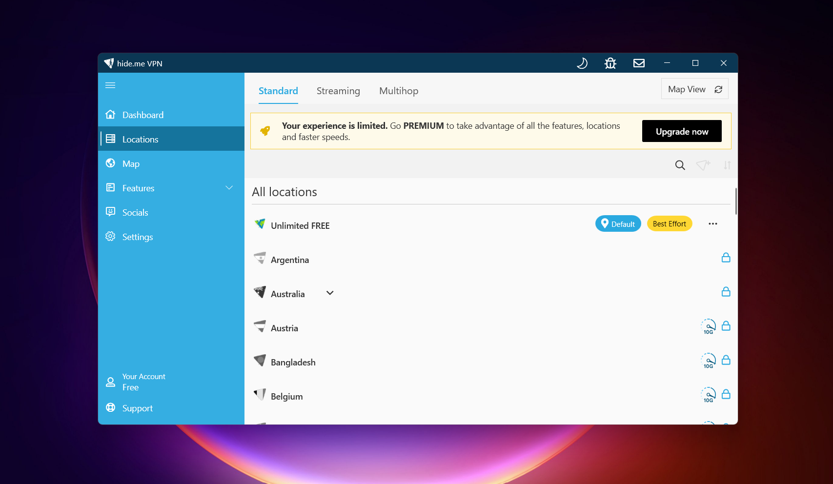 Screenshot of Hide.me VPN Windows free version locations interface showing tabs for standard, streaming, and multihop servers, upgrade notification, and list of countries including Argentina, Australia, Austria, Bangladesh, and Belgium with lock icons and tags