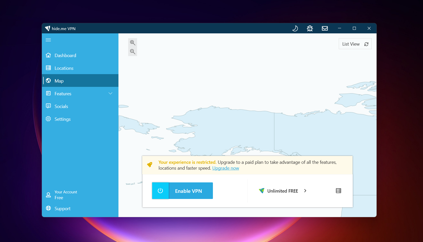 Screenshot of Hide.me VPN Windows free version map interface showing upgrade notification, enable VPN button, unlimited free plan label, and map view with zoom controls