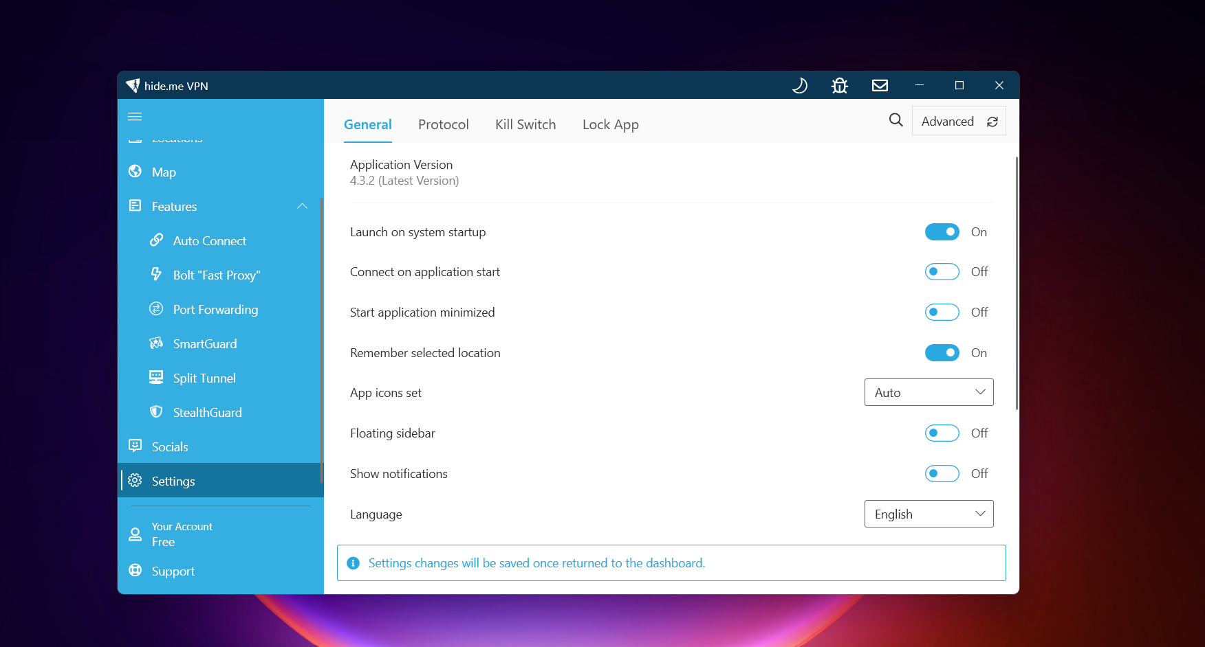 Screenshot of Hide.me VPN Windows free version settings under “General,” with options for launch on startup, connect on app start, minimized start, remembering location, app icons, floating sidebar, notifications, and language set to English,