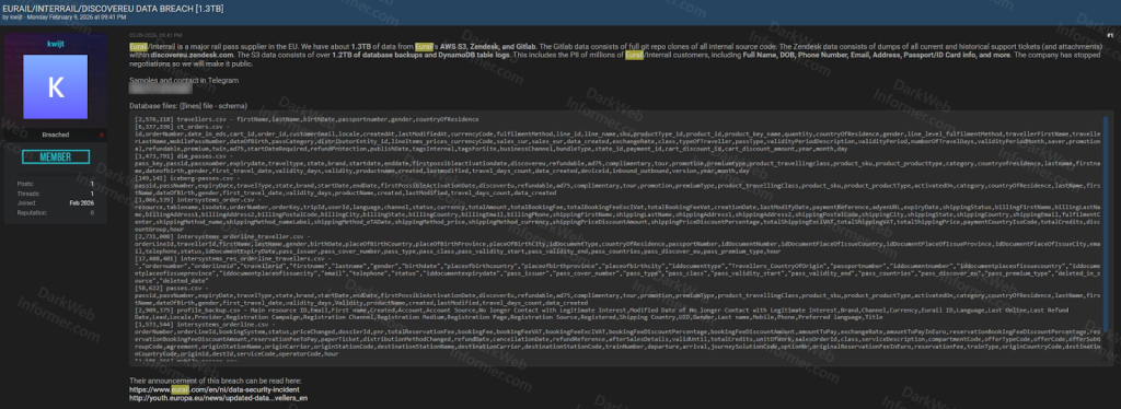 February claim of Eurail/Interrail/DiscoverEU breach | Source: Dark Web Informer