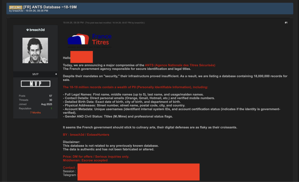 Hacker forum post claiming an ANTS breach | Source: International Cyber Digest