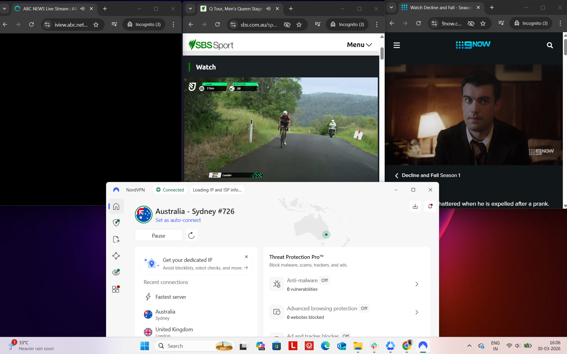 NordVPN connected on Windows to Sydney server while accessing ABC iView, 9Now, and SBS simultaneously in a browser