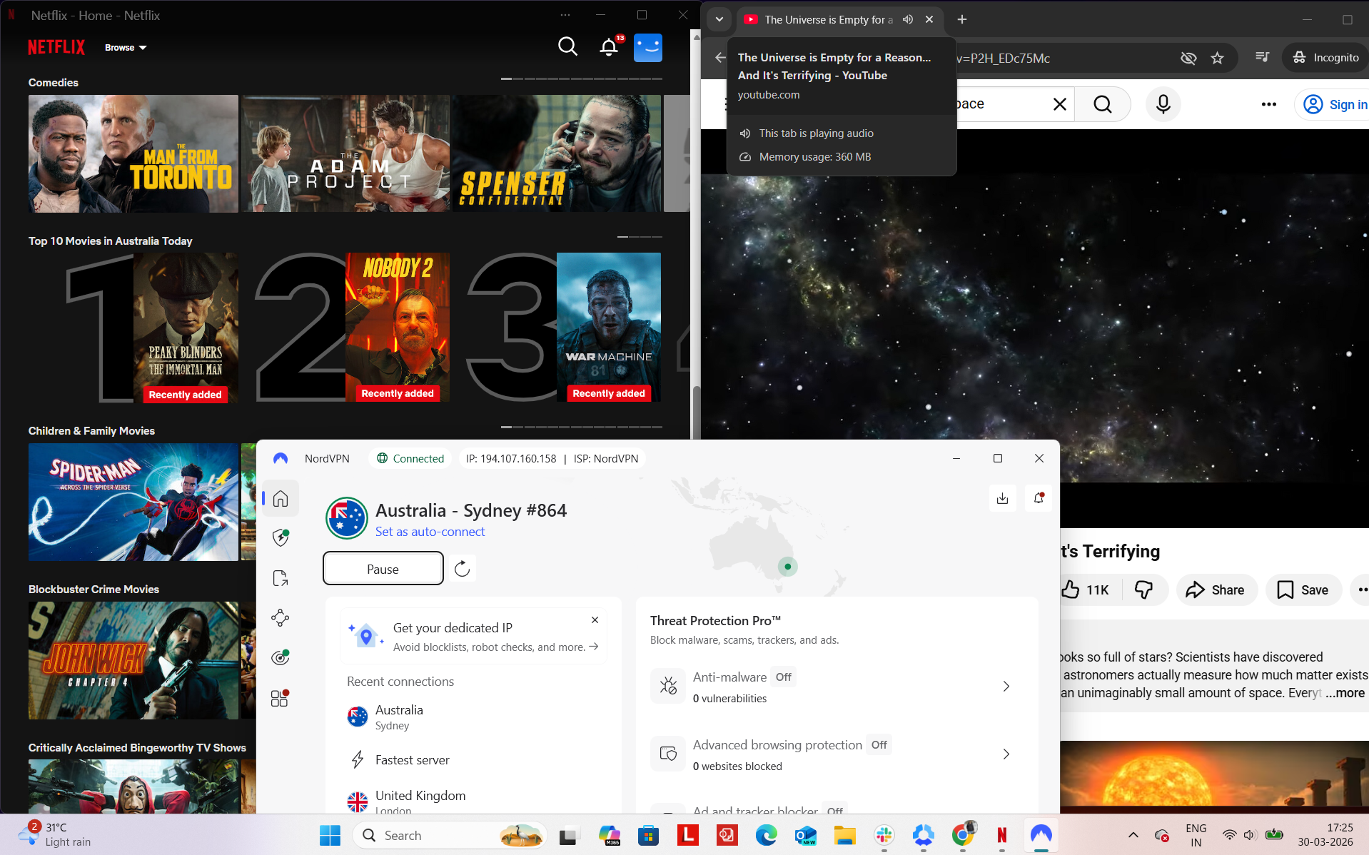 NordVPN connected on Windows to Sydney server while accessing Netflix AU and YouTube simultaneously in a browser