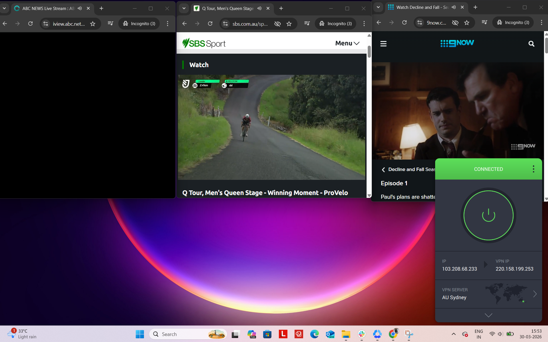 PIA VPN connected on Windows to Sydney server while accessing ABC iView, 9Now, and SBS simultaneously in a browser