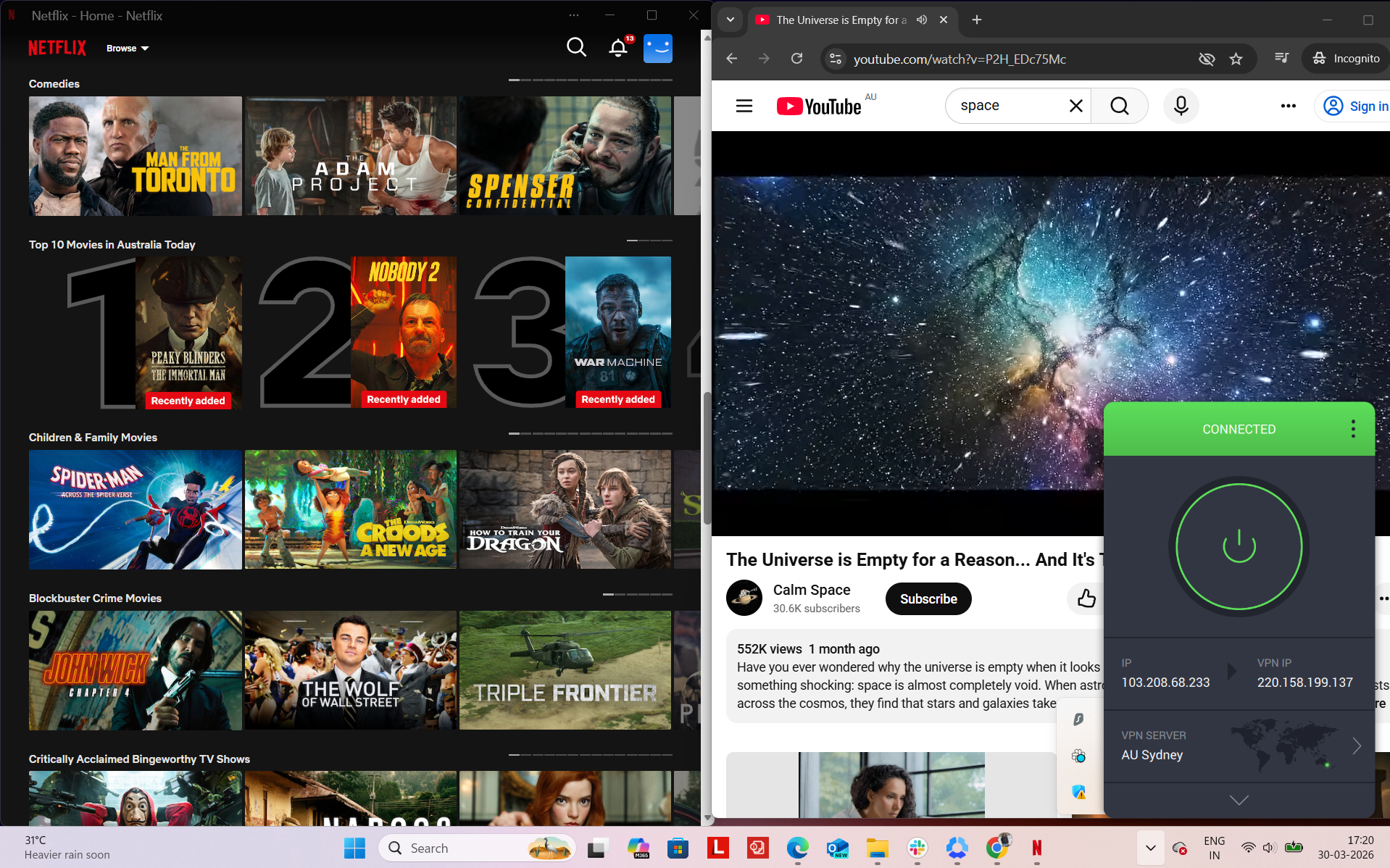 PIA VPN connected on Windows to Sydney server while accessing Netflix AU and YouTube simultaneously in a browser