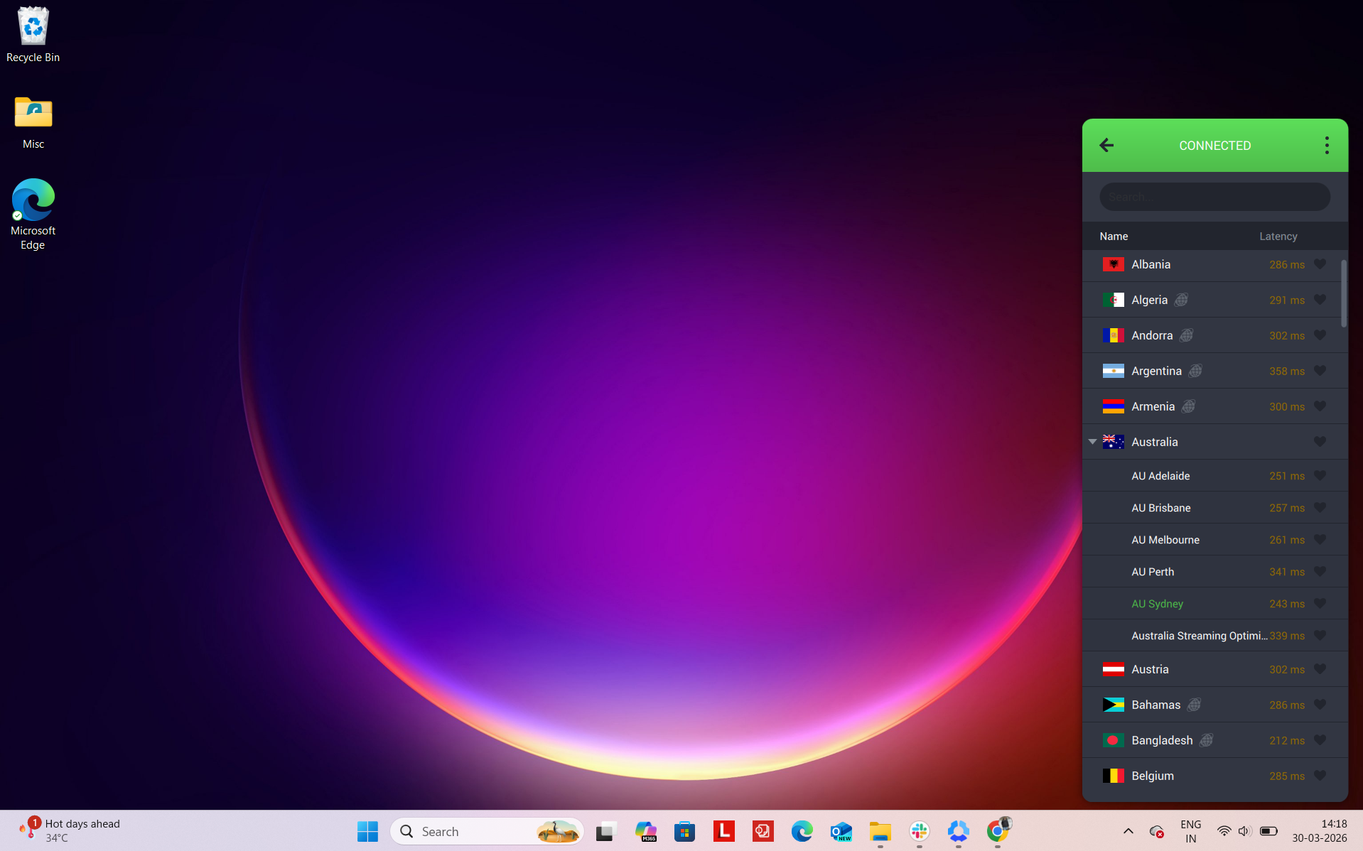 PIA VPN Windows app interface showing server selection with Sydney location and list of available Australian servers