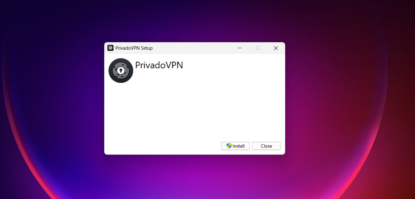 Screenshot of PrivadoVPN Windows free version installation window titled “PrivadoVPN Setup,” displaying logo and buttons for Install and Close