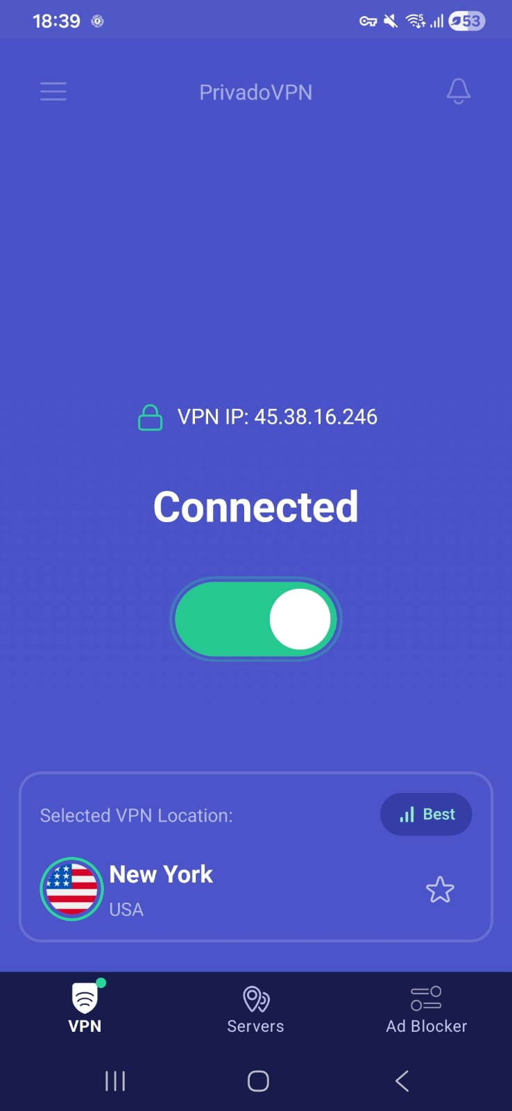 PrivadoVPN mobile app showing active connection to New York, USA and VPN toggle on.