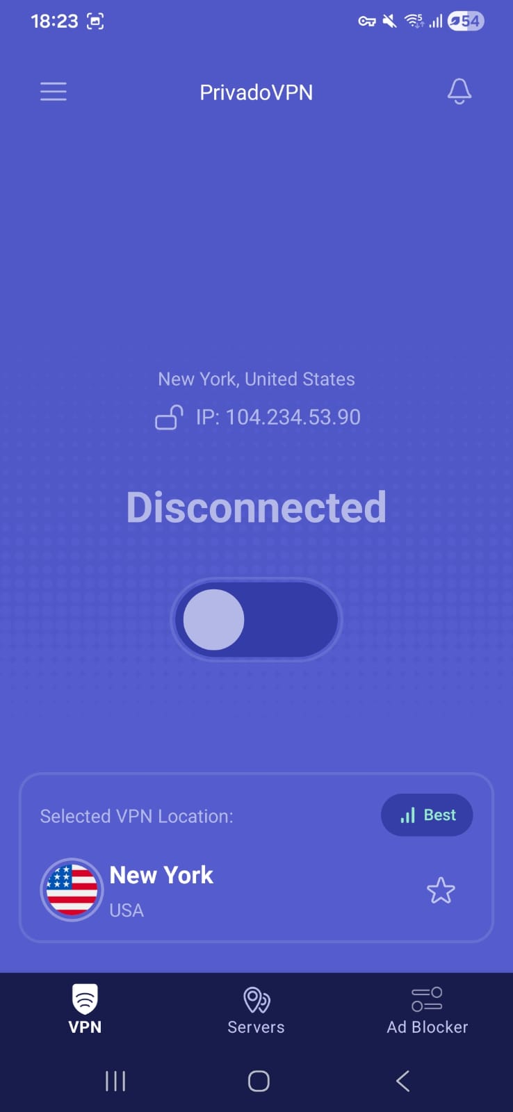 PrivadoVPN mobile app showing disconnected status with New York selected and VPN toggle off