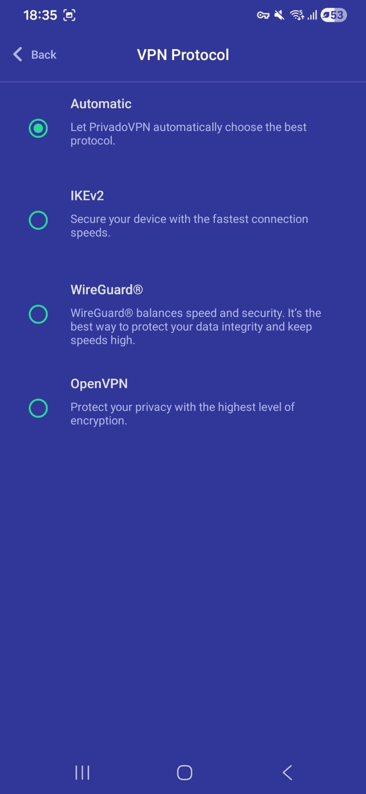 PrivadoVPN protocol settings offering Automatic, IKEv2, WireGuard, and OpenVPN, with Automatic currently selected