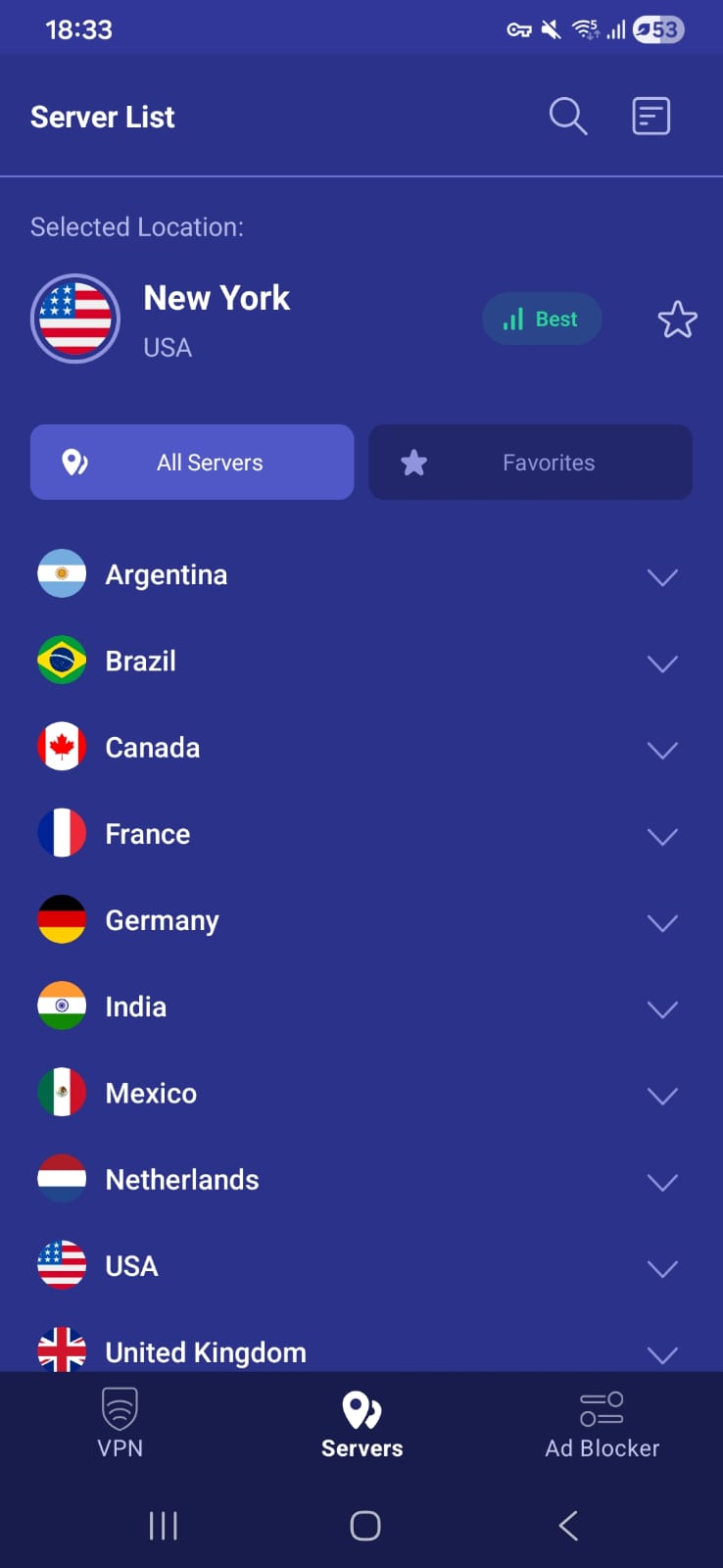  PrivadoVPN server list with New York selected as “Best,” and other countries like Argentina, Brazil, Canada, and France available