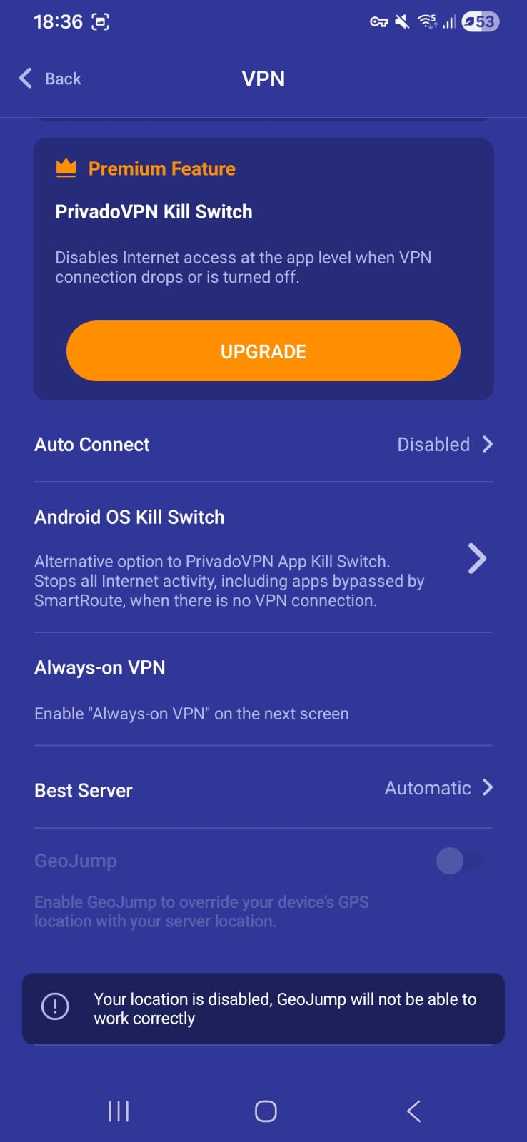 PrivadoVPN settings page with options for Kill Switch, Auto Connect, Always‑on VPN, Best Server, and GeoJump. Premium Kill Switch requires upgrade