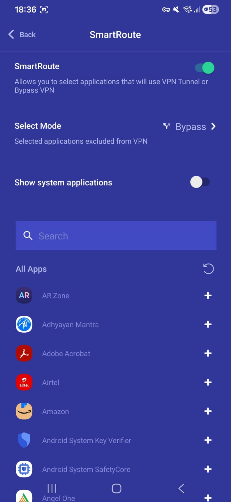PrivadoVPN SmartRoute settings with mode set to “Bypass,” allowing selected apps like Amazon and Adobe Acrobat to skip VPN