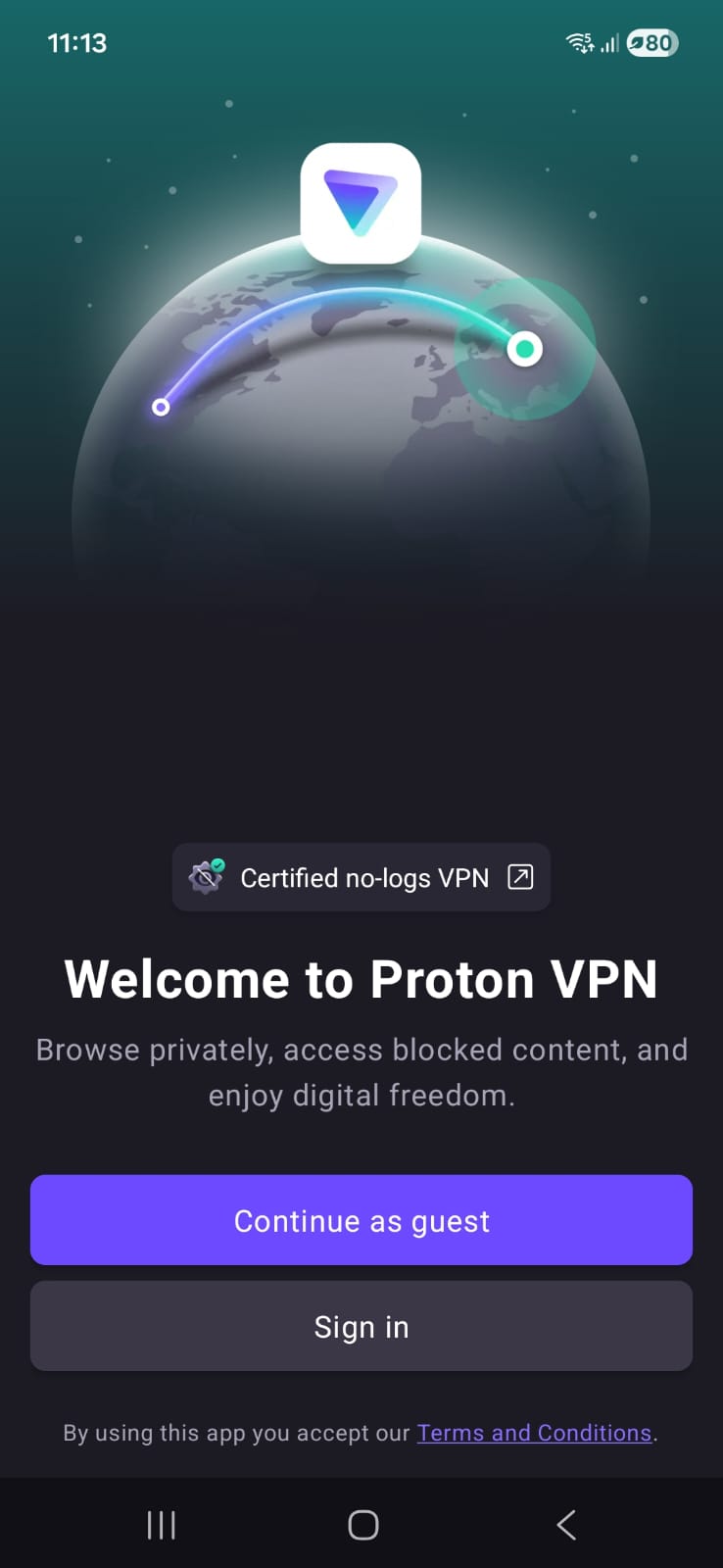Screenshot of Proton VPN Free Android installation welcome screen in April 2026, introducing the app setup process with branding and initial options