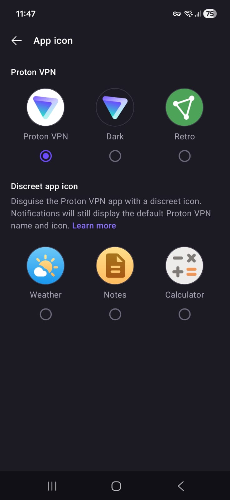 Screenshot of Proton VPN Free Android app page in April 2026, showing the old Proton VPN app icons and new Discreet icons