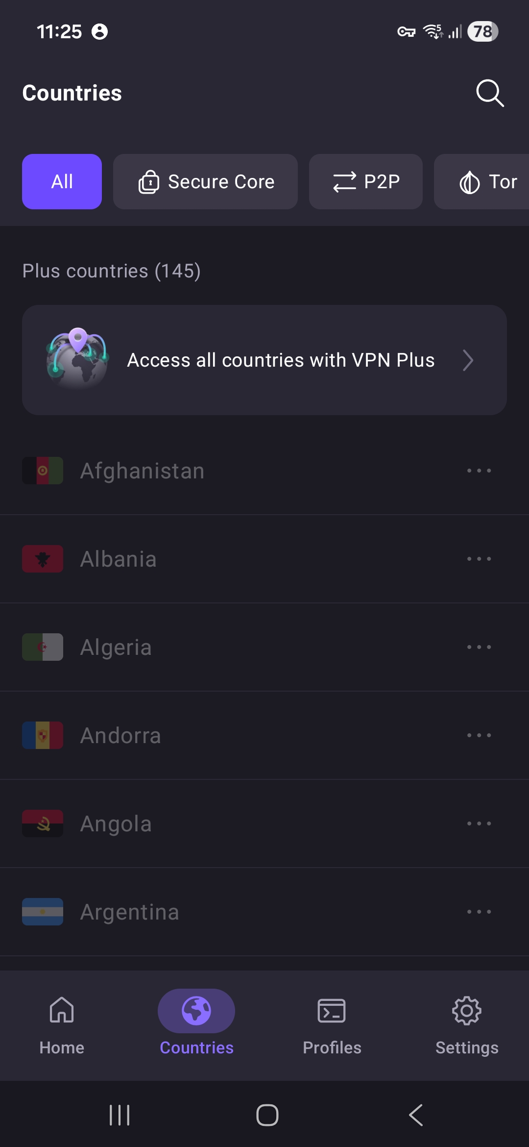 Screenshot of Proton VPN Free Android app connection page in April 2026, showing that all servers are locked under the paid version