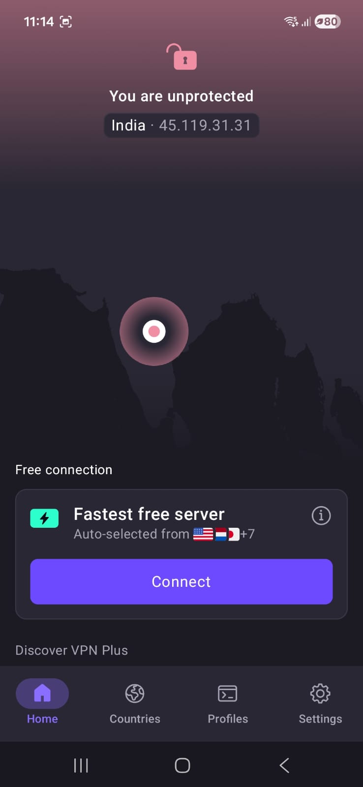 Screenshot of Proton VPN Free Android app home page in April 2026, showing available free servers, connection status indicator, and locked premium options